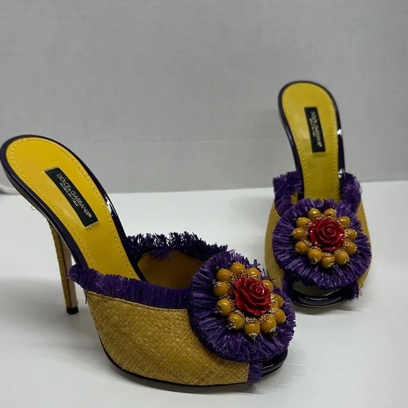 Dolce & Gabbana Keira Straw Mules Heels Open Toe Pumps Shoes Yellow Size EU 37 7 - Picture 2 of 13